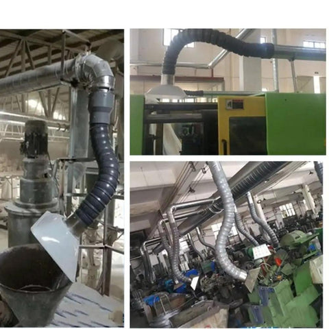 Tough As Nails Articulated Fume Extractor Hose With Heavy Duty Stainless Steel Hood and Full Swivel Flex Duct Tube for Hot Welding Smoke Dust Collection Quick Rig Two Meter Long Six Inch Wide, showcased in industrial setting.