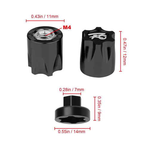 4 Pack Aluminum RC Car Wheel Center Cap Adapters With M4 Nuts, CNC Machined And Anodized Black showing dimensions and details