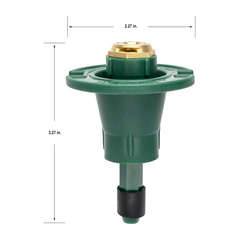 No Fuss Premium 10 Pack Plastic Flush Pop Up Sprinkler Heads With Bombproof Brass Full Spray Nozzle side view showing size and design.