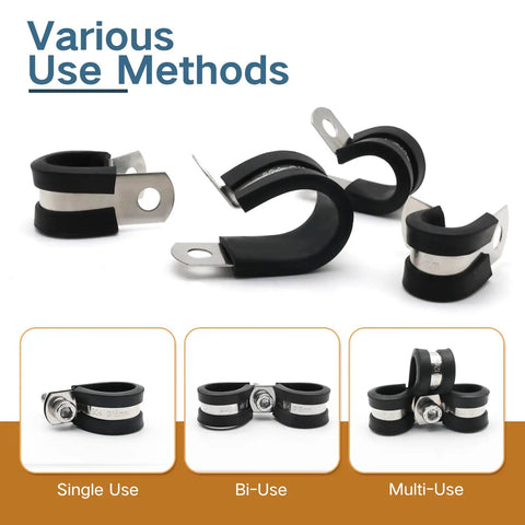 Heavy Duty 1 1/4 Inch Cable Clamps, 15 Pack Rubber Lined Pipe Clips for various uses, showcasing stainless steel and rubber design.