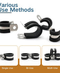 Three Quarter Inch Stainless Steel Cable Clamp Set Of Twenty With Rubber Padding on white background, various sizes shown