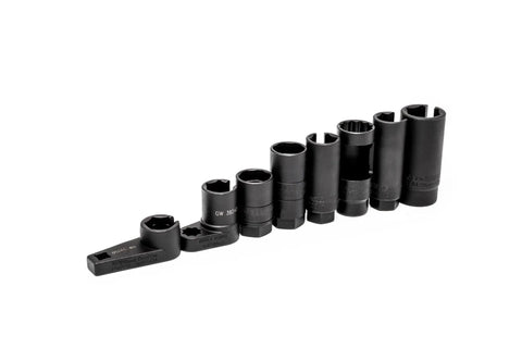 Pro Grade Sensor And Sending Socket Set for Oxygen Sensors and Vacuum Switches, 3/8” drive, 7/8” slotted, 8-piece kit displayed