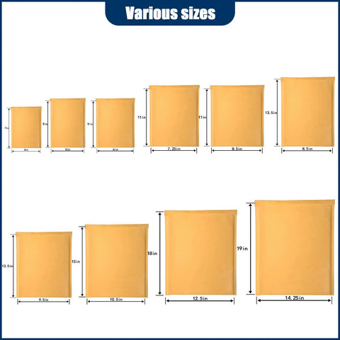 Various sizes of padded envelopes, featuring 25 Pack Kraft Bubble Mailers 9.5x13.5 Inch Large Padded Self Seal Shipping Envelopes.
