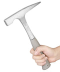 Hand holding 22 Ounce All Steel Rock Pick Hammer With Pointed Tip 11 Inch Length For Prospecting Geology Fossil Dig Rock Hounding Masonry Concrete