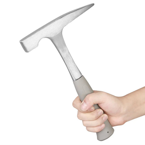 Hand holding 22 Ounce All Steel Rock Pick Hammer With Pointed Tip 11 Inch Length For Prospecting Geology Fossil Dig Rock Hounding Masonry Concrete