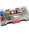 Heavy Duty Wire Strippers Tool For Drill Electric Speed Twisting Device in clear case with colorful parts and accessories.