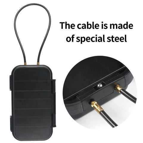 Portable Safe Lock Box With Cable And Combination Code Water Resistant ABS Travel Safe showing steel cable construction