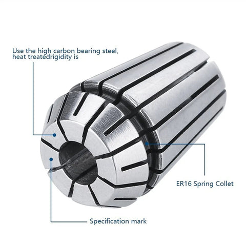 Close-up of ER16 spring collet, part of Collet Chuck Kit With ER16 Wrench For Lathe Holder, high carbon steel, specification marks shown.