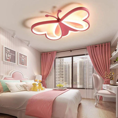 Dope Butterfly Dimmable LED Flush Mount Ceiling Light For Kids Room With Remote Modern Close To Ceiling Lamp In Pink