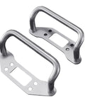Stainless Steel Universal Skateboard Carry Handle For Electric Skateboard And Longboards Comfortable Four Finger Grip Easy Install Replacement Durable Non Slip Handle For Quick Carrying And Easy Transport showing two metal handles.