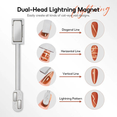Dual-head wand from Cat Eye Nail Magnet Set 10pc With 3 In 1 Magnetic Pen showing nail art patterns: diagonal, horizontal, vertical, lightning.
