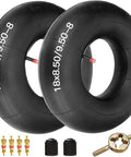 Heavy Duty ATV Inner Tube Set For 18x8.50 8 And 18x9.50 8 Tires Fits Go Kart Lawn Tractor Mower Golf Cart Snow Blower Garden Trailer With 8 Inch Rims And TR 13 Straight Valve Stem 2 Pack. Set with accessories displayed.