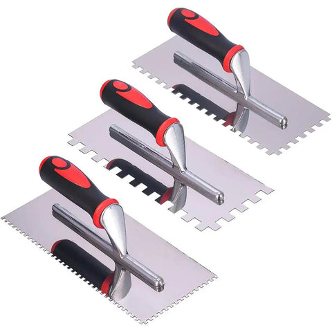 Heavy Duty Square Notched Trowel Set 3 Piece Kit For Tile Adhesive And Mortar Spreading On Walls And Floors Notch Sizes 5/32 5/16 And 1/2 Inch Stainless Steel With Reinforced Aluminum Shank For Professional Masonry Tiling