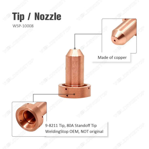 80A Standoff Tip And 9-8215 Electrode Kit For SL60 SL100 Plasma Torch Kits copper tip with labeled details, includes 9-8211 tip.