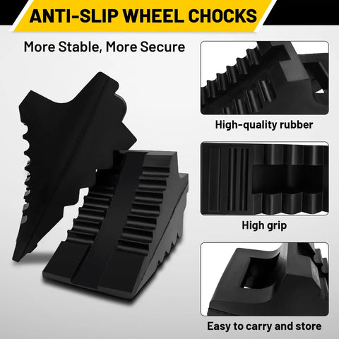 Solid Beefy Rubber Wheel Chocks Heavy Duty Trailer Chock Set GVW Up To 4T 2 Pack Black 8.6 X 3.7 X 4.7 Inches For Cars Travel Trailers RVs Trucks ATVs All Weather Use - anti-slip design features high-quality rubber and high grip for stability