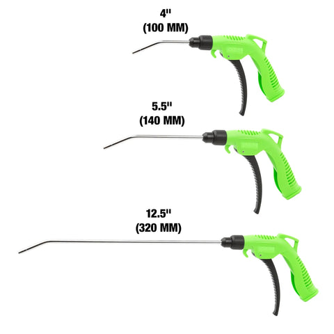 Image of Five Piece Air Blower Gun Kit With One Quarter Inch Inlet Turbo Nozzle Variable Trigger And Interchangeable 100mm 140mm 320mm Tips For Tight Spaces And High Volume Air Cleaning 160 PSI, showing interchangeable tips side by side.