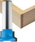 Top Shelf Drawer Lock Router Bit One Inch By Half Inch Shank Solid Carbide Tipped, shows sharp cutting tip beside corner joint.