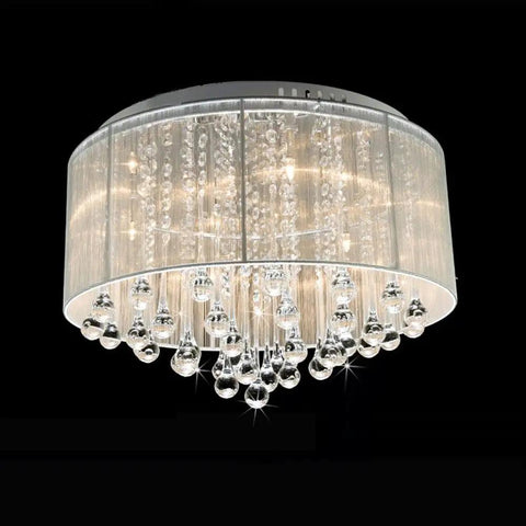 Flush Mounted Luxury Contemporary Drum Ceiling Chandelier Light Fixture With Cylinder Lamp Shade For Bedroom Dope Silver Crystal Rain Drop Decor 45x45x23 Cm Shade 35 Cm Base 3 Year Warranty Easy Install