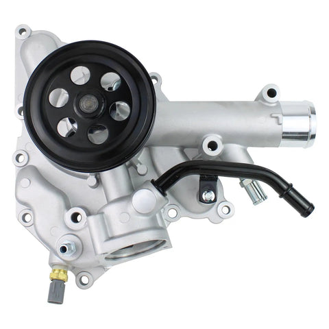 Heavy Duty Engine Water Pump With Top Shelf Gasket Kit For Jeep Wagoneer And Ram 1500 5.7L V8 Mhev Engines, silver pump with black pulley.