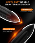 Close-up of Heavy Duty Metal Detecting Shovel With Serrated Blade For Treasure Hunting 12 Inch Manganese Steel Digging Tool