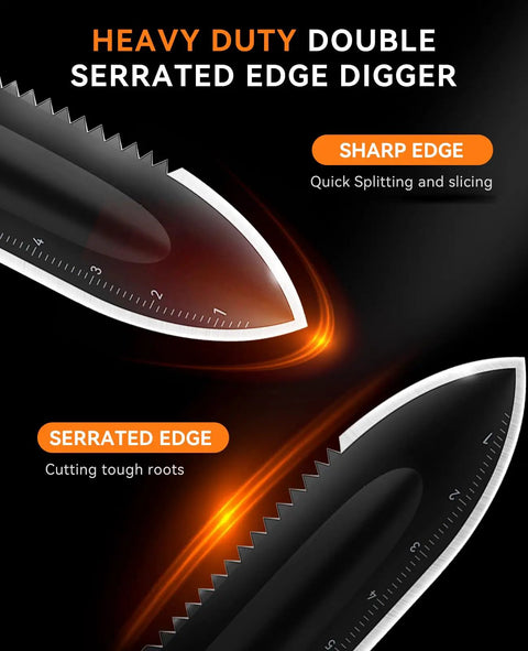 Close-up of Heavy Duty Metal Detecting Shovel With Serrated Blade For Treasure Hunting 12 Inch Manganese Steel Digging Tool