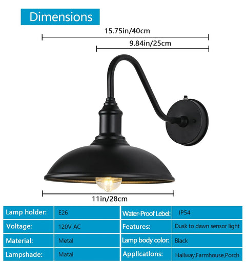 Dimensions of Gooseneck Outdoor Barn Light With LED Bulb Black Farmhouse Porch Fixture Dusk To Dawn Exterior Lighting