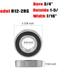 Two 3/4 in bore ball bearings shown in front and side views; 1-5/8 in outer diameter, 7/16 in width, double-sealed (R12-2RS) metal bearings