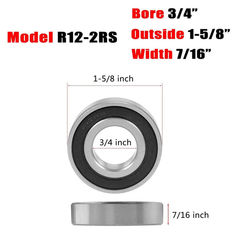 Two 3/4 in bore ball bearings shown in front and side views; 1-5/8 in outer diameter, 7/16 in width, double-sealed (R12-2RS) metal bearings