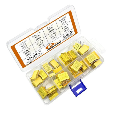 Prototyping Ready Safety Capacitor Kit Must Have For Electronics, 275VAC X2, 40 Piece Set with labeled case and 15mm pitch
