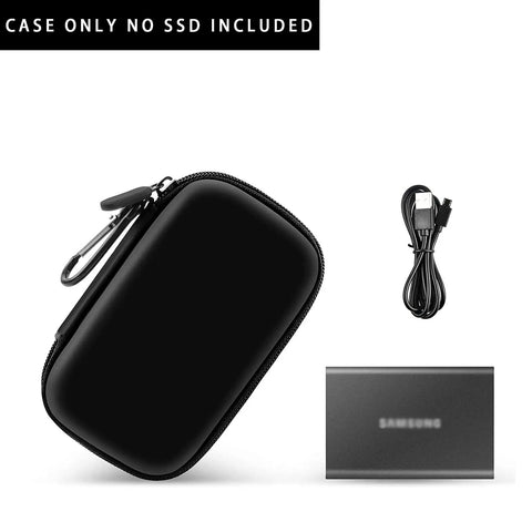Black Durable Grab And Go Carrying Case For T7 And T7 Touch Portable SSD with USB cable and branding space shown, case only, no SSD included.