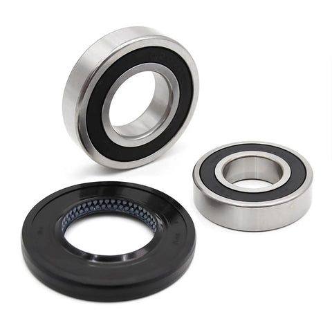 Heavy Duty Washer Seal Bearing And Tub Drum Shaft Assembly Kit For Samsung Models, featuring two steel bearings and one rubber seal.