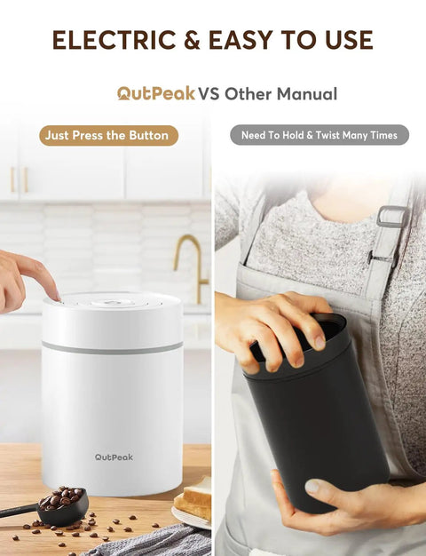 Automatic Vacuum Coffee Canister Keeps Your Daily Brew Stash Hella Fresh For Months With Simple One Touch Press And Rust Resistant Stainless Steel Build, shown in white and black.