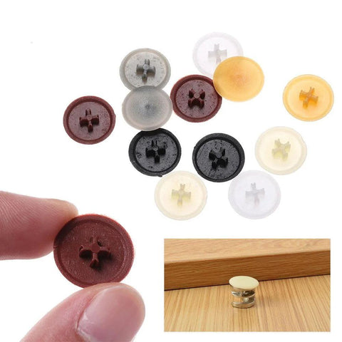 Assorted colors of 11.5mm PVC screw cap covers shown with one brown cover held in hand, 100 Pcs Screw Cap Covers Self Tapping Snap Caps For Flat Phillips Screws Hide Screw Holes And Beautify Car And Home Exterior Decor 17mm Brown Durable PVC Plastic For Quick Snap Fit And Rust Protection
