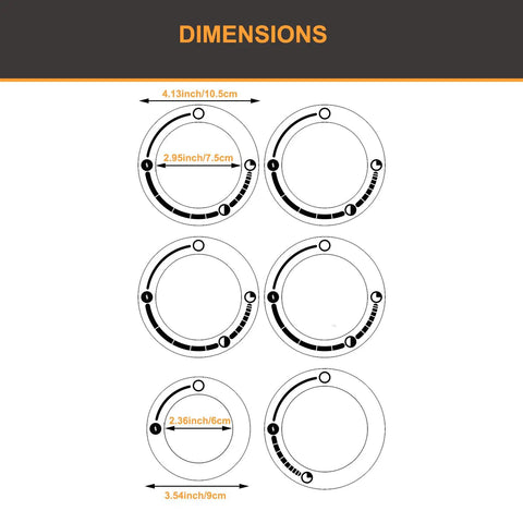 6 Large Grill Burner Dial Labels Set For Gas Grills And Stoves Easy Read Flame Indicator Decals Replacement Sticker Pack Of 2 In Black Print On Clear Universal Fit For Most Dials 60mm And 75mm dimension chart showing 60mm and 75mm labels
