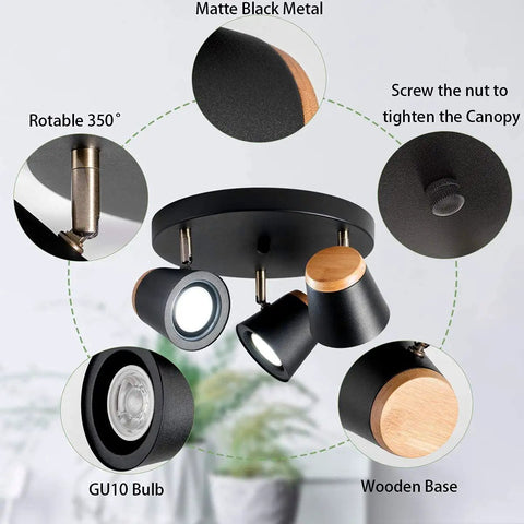 Three Light Directional Spotlight Track Lighting Kit In Matte Black And Natural Wood Finish Semi Flush Mount Adjustable Heads
