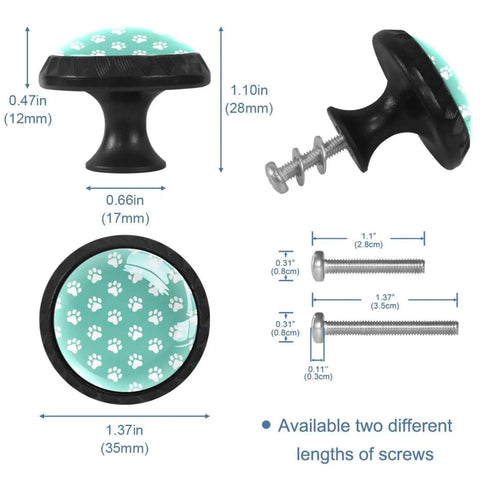 4 Pack Black Round Dog Paw Drawer Knobs With Screws shown with dimensions and two screw lengths