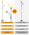 Comparison of modern silver floor lamp with dual LED heads, 12W main light, 4W reading lamp, and alternative lamp setup.