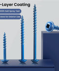 Pocket Hole Screws Size 8 1 1/4 Inch 300 Pieces No Nonsense Rust-Resistant Blue Coated Exterior Wood Screws Coarse Thread Washer Head Square Drive Self Tapping Tip Includes Magnetic Drive Bit shown with 3-layer coating and washer head.