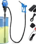 Heavy Duty Electric Drum Pump Fits 55 Gallon Barrels And Ibc Tanks with flexible hose and nozzle attached for liquid transfer.