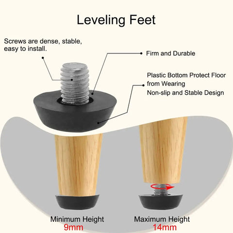 Illustration showing M8 X 1.25 Furniture Leveling Feet Adjustable Glide Levelers for tables with screw details and adjustable height.