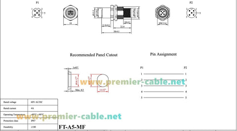 Technical diagram of Pair Of M12 A Coded 5 Pin Male To Female Panel Mount Connector IP67 Shielded Bulkhead Feedthrough for industrial use.