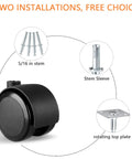 Diagram showing Two Inch Caster Wheels Set Of Four With Five Sixteenth Inch Valve Stem And Rotating Top Plate Installation Options