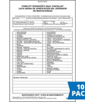 No Sweat Forklift Operator Daily Checklist Log Book 10 Pack, bilingual inspection form with safety checks and maintenance tracking.