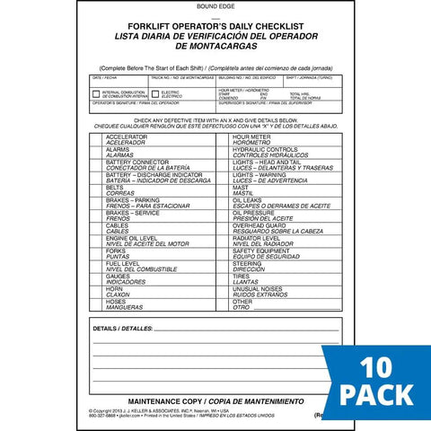 No Sweat Forklift Operator Daily Checklist Log Book 10 Pack, bilingual inspection form with safety checks and maintenance tracking.