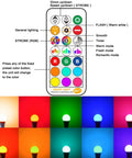 Smart RGB LED Light Bulb 85W Equivalent With Dimmable Mood Lighting 9 RGB Colors 6 Vibe Modes Memory Sync And Remote Control Included A19 E26 Base Pack Of 2, remote control and color options displayed.