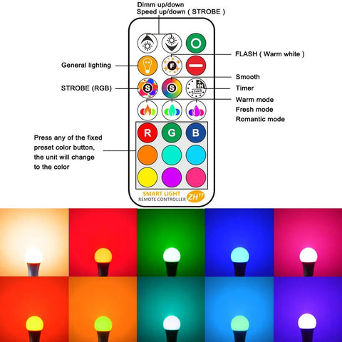Smart RGB LED Light Bulb 85W Equivalent With Dimmable Mood Lighting 9 RGB Colors 6 Vibe Modes Memory Sync And Remote Control Included A19 E26 Base Pack Of 2, remote control and color options displayed.