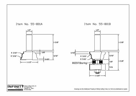 Technical drawing of Half Inch Shank Window Sash Jr Set Carbide Tip Heavy Duty Router Bits, detailing dimensions and parts.