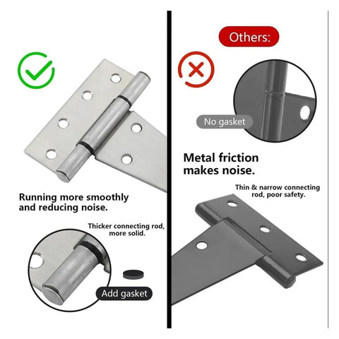 Heavy Duty Six Inch Stainless Steel Gate Hinges Tough As Nails Rust Resistant Tee Hinge comparison between quality with gasket and poor safety without on each side.
