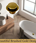 Effortless Bathtub Drain Kit With Brushed Gold Two Hole Overflow Faceplate Universal Fit Brass Stopper Threaded Drain Assembly No Fuss Easy Tap Operation And Durable Bath Trim Set For Quick Replacement in modern bathroom setting with gold detail highlight
