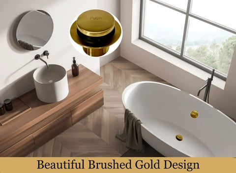 Effortless Bathtub Drain Kit With Brushed Gold Two Hole Overflow Faceplate Universal Fit Brass Stopper Threaded Drain Assembly No Fuss Easy Tap Operation And Durable Bath Trim Set For Quick Replacement in modern bathroom setting with gold detail highlight